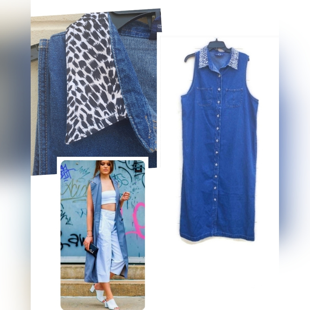 Denim Midi Dress w/ Cheetah Collar Teacher Granny Cottage EUC